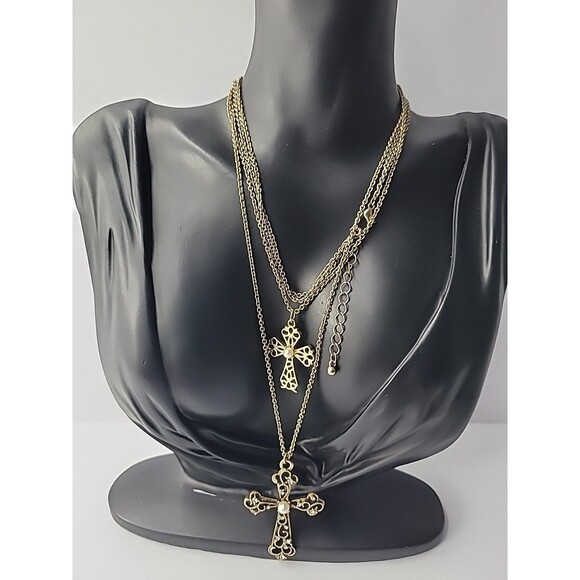 Vintage Necklace Chain Gold Tone Cross Pendant Crystal White Bead Jewelry - Picture 2 of 14